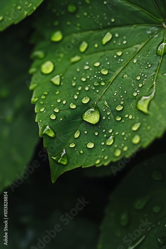 Close up of water droplets on a green leaf after rain. Natural macro photography of dew on plant foliage.