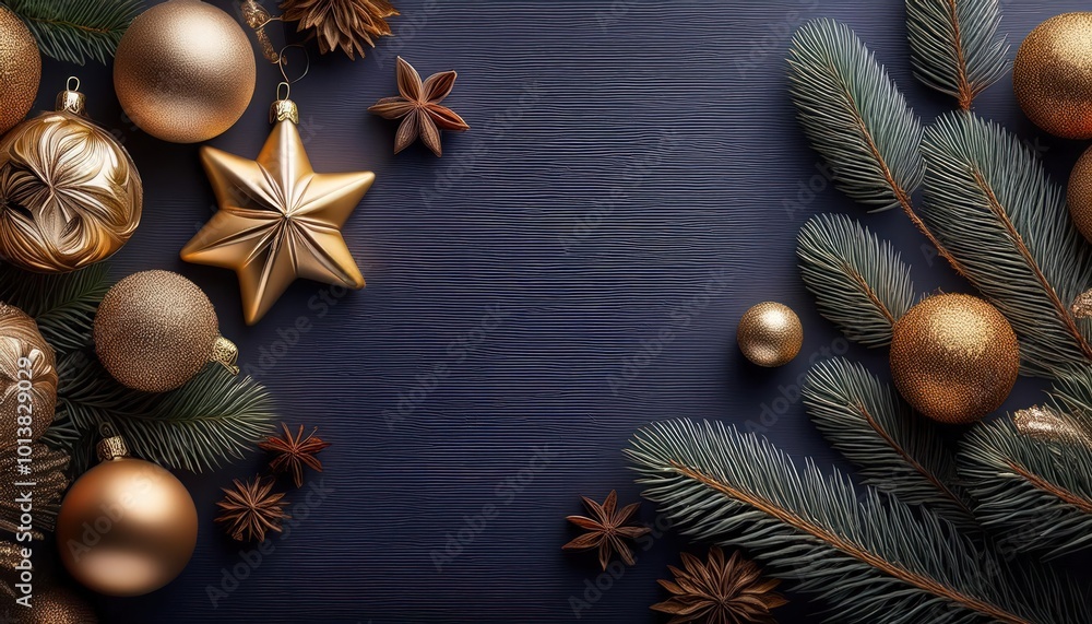 Christmas tree branches with golden and red baubles are placed on a dark background. Christmas tree branches with golden and red baubles are placed on a dark background.
