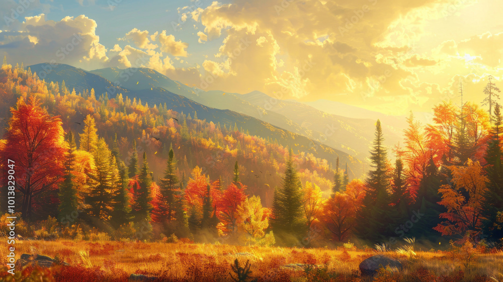 Fototapeta premium A serene autumn scene with vibrant trees and mountains glowing under the golden light of sunset
