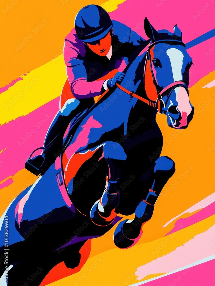 Colorful Equestrian Jumping Action Illustration Colorful Equestrian Jumping Action Illustration