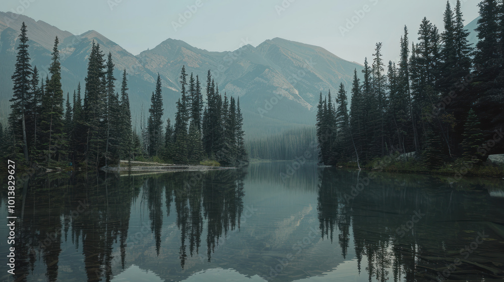 Fototapeta premium A serene mountain lake surrounded by tall pine trees, reflecting the surrounding mountain range