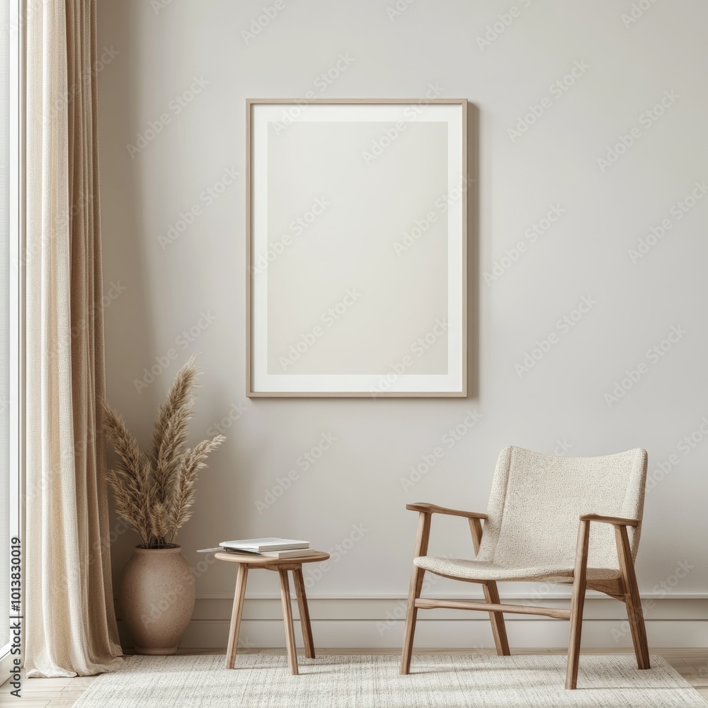 A serene minimalist space featuring an armchair, small table, and vase with pampas grass, in gentle natural light. A serene minimalist space featuring an armchair, small table, and vase with pampas grass, in gentle natural light.
