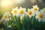 White Daffodils Blooming in Spring Sunlight