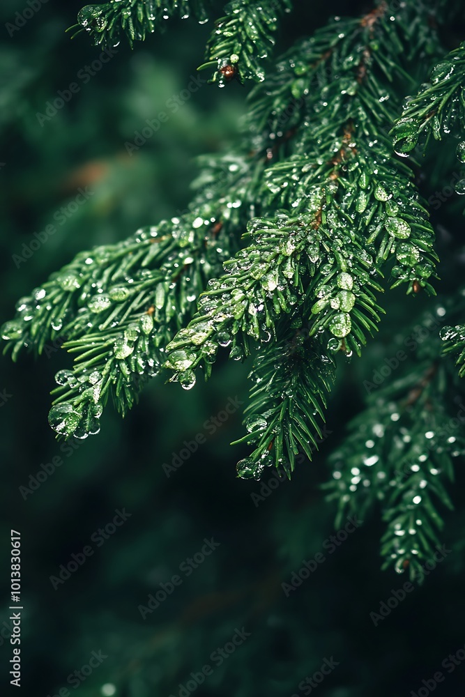 Close up of pine needles covered in morning dew Close up of pine needles covered in morning dew
