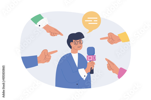 Journalism concept in modern flat design for web. Man with microphone commenting news in press media while surrounded with pointing hands. Speaker talking at press conference. Vector illustration.