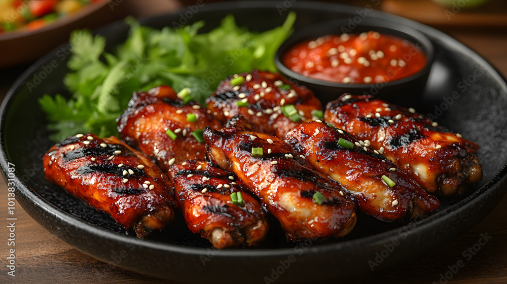 A plate of succulent chicken wings glazed with teriyaki sauce and accompanied by a dollop of Dijon mustard, creating a deliciously enticing meal that blends sweet and savory flavors. The golden-brown A plate of succulent chicken wings glazed with teriyaki sauce and accompanied by a dollop of Dijon mustard, creating a deliciously enticing meal that blends sweet and savory flavors. The golden-brown