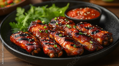 A plate of succulent chicken wings glazed with teriyaki sauce and accompanied by a dollop of Dijon mustard, creating a deliciously enticing meal that blends sweet and savory flavors. The golden-brown 