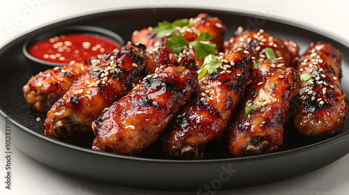 A plate of succulent chicken wings glazed with teriyaki sauce and accompanied by a dollop of Dijon mustard, creating a deliciously enticing meal that blends sweet and savory flavors. The golden-brown 