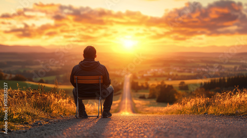 A tranquil scene of a person sitting on a chair, gazing at a stunning sunset over a winding road and vast landscape, evoking feelings of peace and introspection.