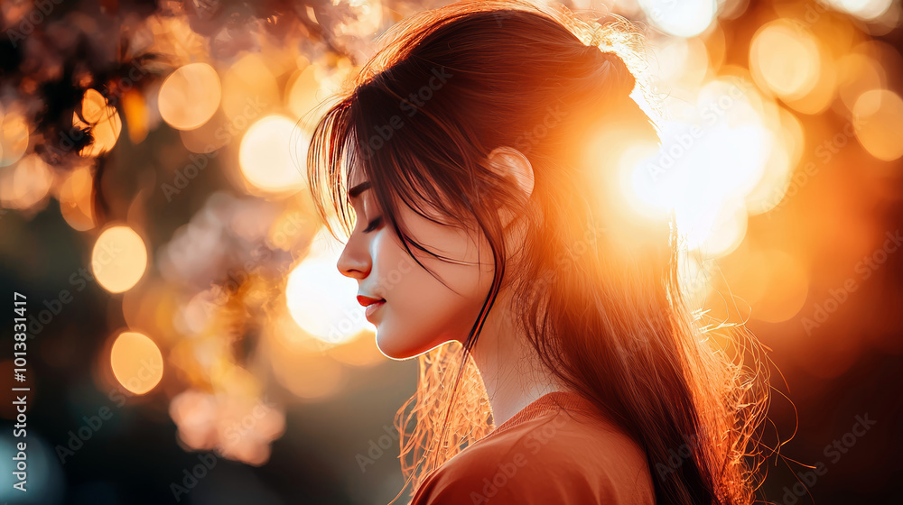 A serene profile of a woman bathed in warm sunset light, surrounded by blooming flowers, capturing the essence of beauty and tranquility in nature. A serene profile of a woman bathed in warm sunset light, surrounded by blooming flowers, capturing the essence of beauty and tranquility in nature.