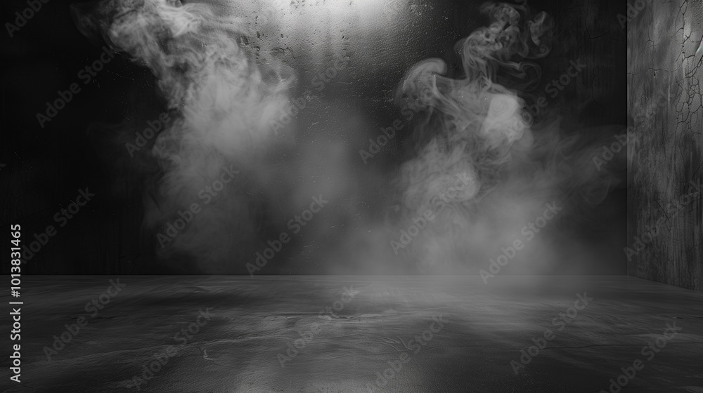 An empty dark abstract cement wall in a studio room with smoke floating up, creating a textured interior background ideal for product display.
An empty dark abstract cement wall in a studio room with smoke floating up, creating a textured interior background ideal for product display.