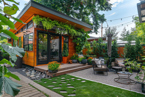 A small garden surrounding a tiny home, featuring container plants, vertical greenery, and a cozy outdoor seating area photo