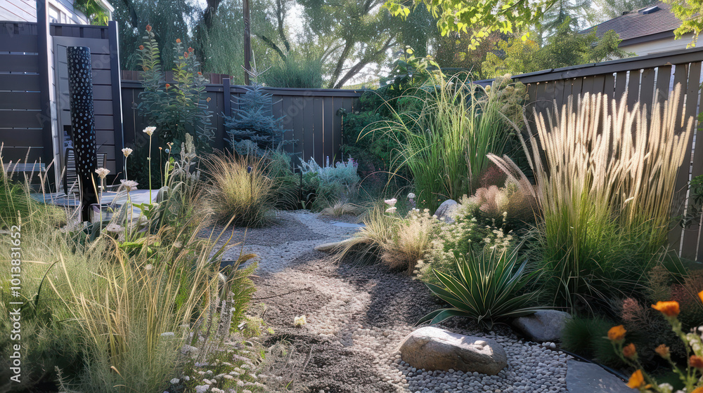 A small garden with native grasses and perennial plants, designed for low water usage and easy upkeep