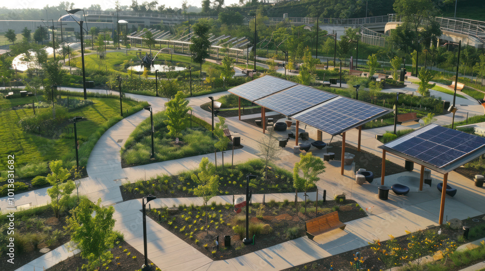 A smart urban park design with solar-powered lighting, automated maintenance systems, and energy-efficient infrastructure A smart urban park design with solar-powered lighting, automated maintenance systems, and energy-efficient infrastructure