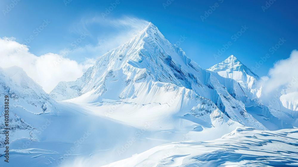 A snow-covered mountain peak under a clear blue sky, with fresh powder glistening in the sunlight A snow-covered mountain peak under a clear blue sky, with fresh powder glistening in the sunlight