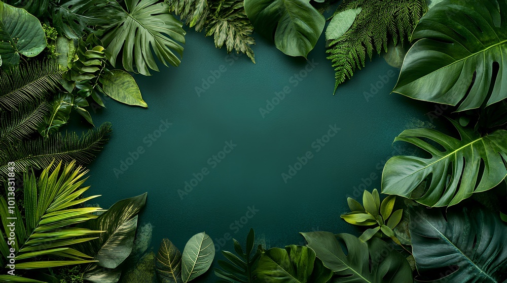 A vibrant arrangement of lush green leaves forming a natural frame around a deep turquoise backdrop. A vibrant arrangement of lush green leaves forming a natural frame around a deep turquoise backdrop.