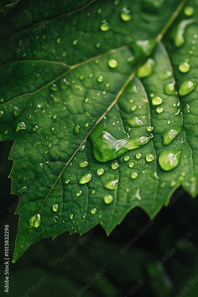 Fototapeta premium Close up of Dew Drops on Green Leaf, Nature Background