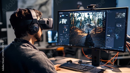 A person wearing a VR headset interacts with a detailed virtual landscape displayed on a monitor, highlighting immersive gaming technology.