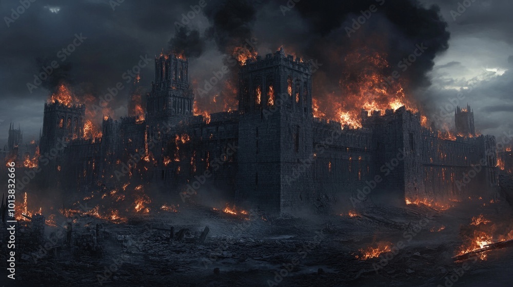 A large, medieval castle engulfed in flames, with smoke billowing into the stormy sky. A large, medieval castle engulfed in flames, with smoke billowing into the stormy sky.