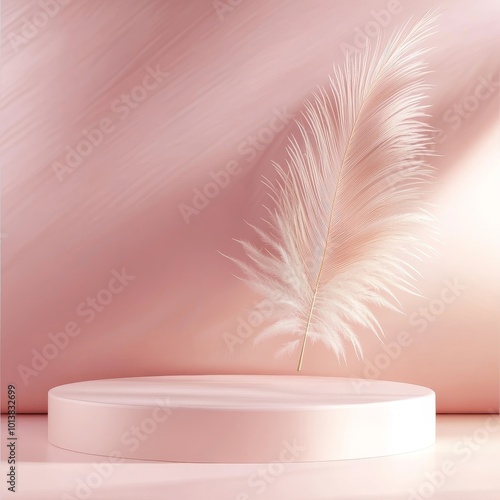 Abstract background with white feather on a pink podium. Vector illustration. photo