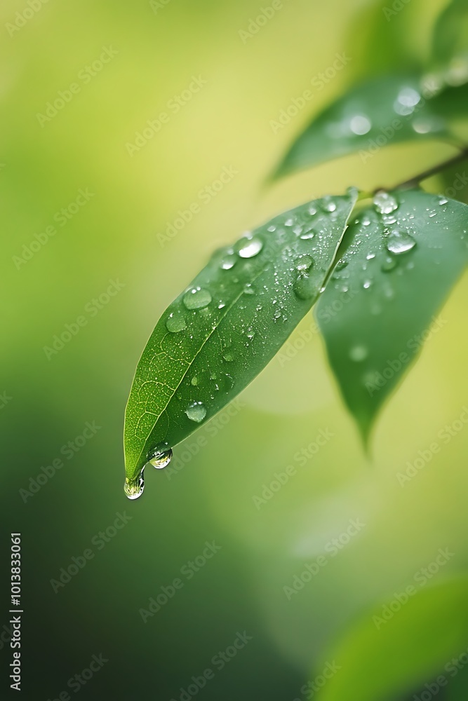 Fototapeta premium Closeup of dew drops on green leaves after rain, nature macro photography
