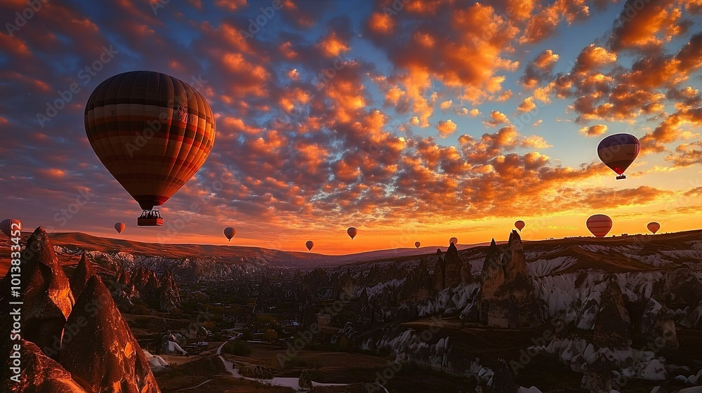 Obraz premium A stunning sunset scene featuring multiple hot air balloons drifting over a picturesque landscape, illuminated by vibrant clouds.