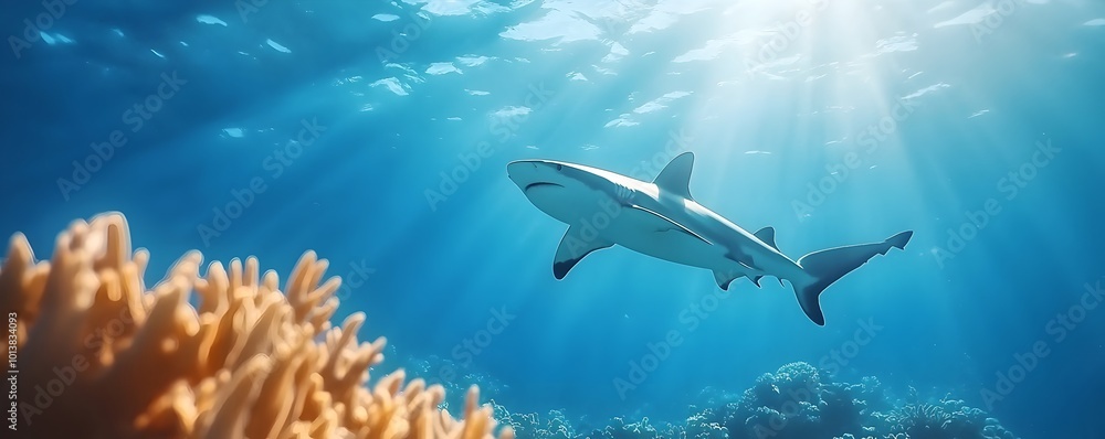Majestic Sharks Silhouetted Above Vibrant Coral Reefs - Tranquil Deep Ocean Scene with Light Rays Showcasing a Harmonious Marine Ecosystem Majestic Sharks Silhouetted Above Vibrant Coral Reefs - Tranquil Deep Ocean Scene with Light Rays Showcasing a Harmonious Marine Ecosystem
