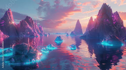 A surreal landscape with floating mountains and glowing rivers, dreamlike and imaginative photo