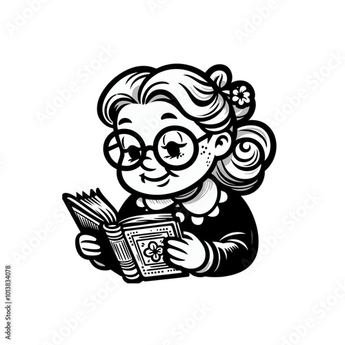 Old woman reading a book. Grandma grandmother. Monochrome isolated vector illustration.