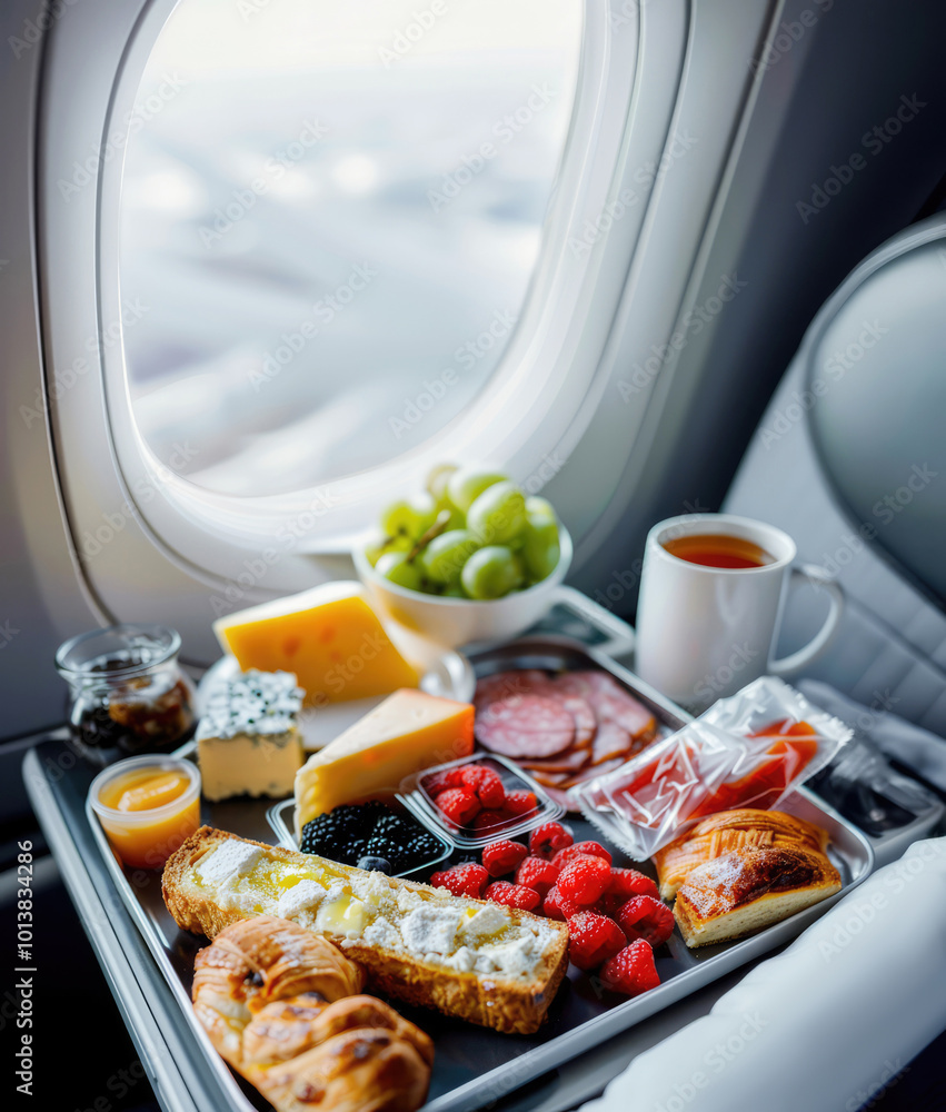 A beautifully arranged meal tray on an airplane, featuring fresh fruit, salad, and bread for a luxurious dining experience