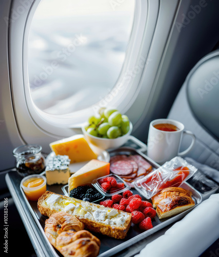 Obraz na płótnie A beautifully arranged meal tray on an airplane, featuring fresh fruit, salad, and bread for a luxurious dining experience w salonie