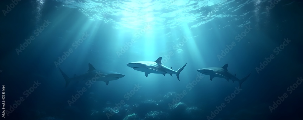 Obraz premium Majestic Sharks Swimming Over Vibrant Coral Beds - A Serene Underwater Scene Showcasing Thriving Marine Life Illuminated by Soft Light Beams