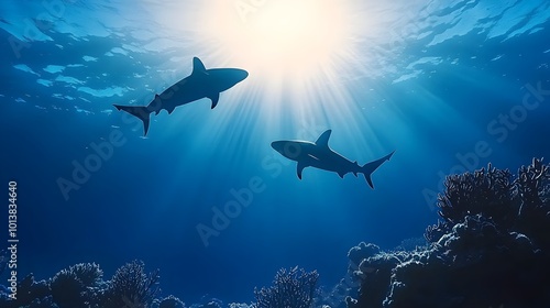 Majestic Sharks Swimming Above Coral Reefs - Serene Silhouettes in Deep Blue Ocean Illuminated by Light Rays Capturing Tranquil Marine Life