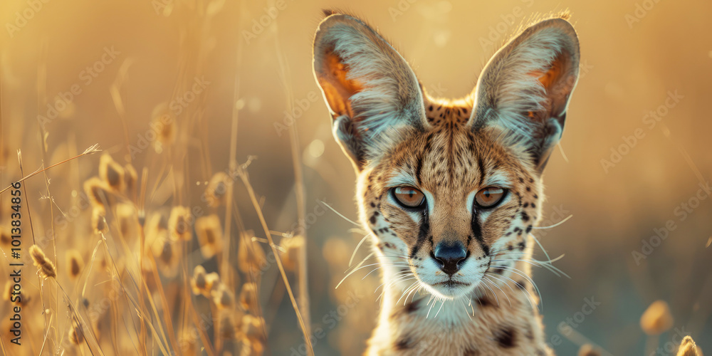 A serval cat portrait captured outdoors, showcasing its spotted coat in a natural environment A serval cat portrait captured outdoors, showcasing its spotted coat in a natural environment