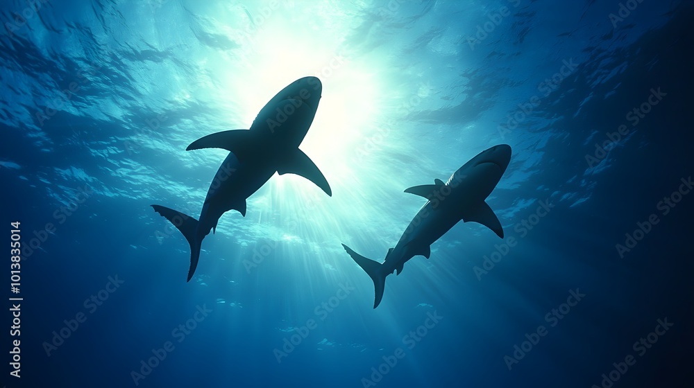 Obraz premium Majestic Sharks Silhouetted in Dark Waters - A Dramatic Scene of Power and Danger with Menacing Shadows Over Coral Reefs Perfect for Ocean and Wildlife Themes