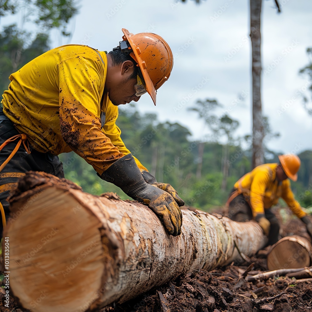 Workers in protective gear handling logs in a forest environment, showcasing lumber industry practices. Workers in protective gear handling logs in a forest environment, showcasing lumber industry practices.