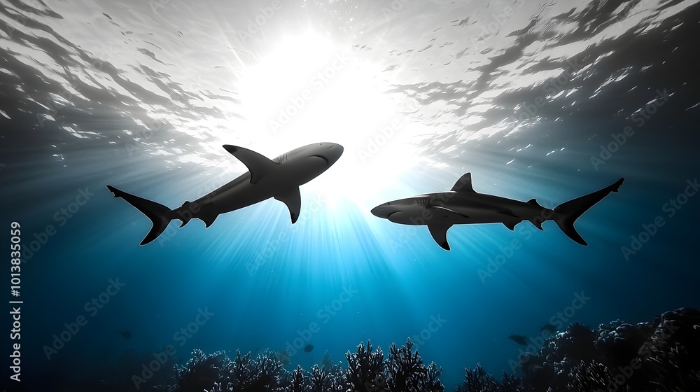 Naklejka premium Shadows of Power - Silhouetted Sharks in Dark Waters Casting Menacing Shadows Over Coral Evoking a Scene of Raw Danger and Ocean Majesty