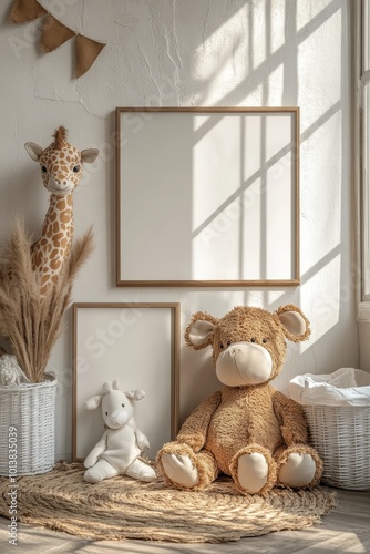 Adorable children's room filled with stuffed animals, giraffe decor, and empty frames under gentle sunlight, creating warmth. photo