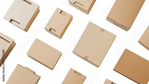 Assorted Brown Cardboard Shipping Boxes Isolated on White Background for Packaging, Delivery, and E-commerce Concepts - Top View of Corrugated Cartons in Various Sizes photo