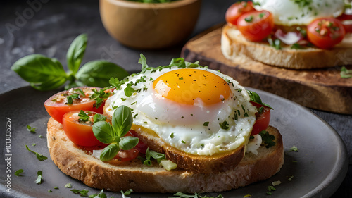 Assorted Bruschetta with Fresh Herbs, fried eggs and becon. Tasty breacfast. perfect for food blogs, cookbooks, and restaurant menus. photo