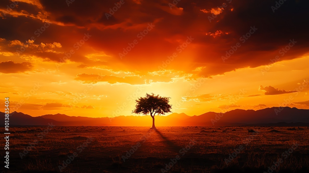 Obraz premium Solitary tree silhouetted against a dramatic sunset with vibrant colors illuminating the sky.