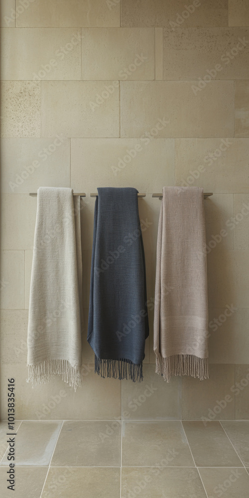 Fototapeta premium Soft, neutral towels hanging neatly in a serene bathroom setting with stone walls