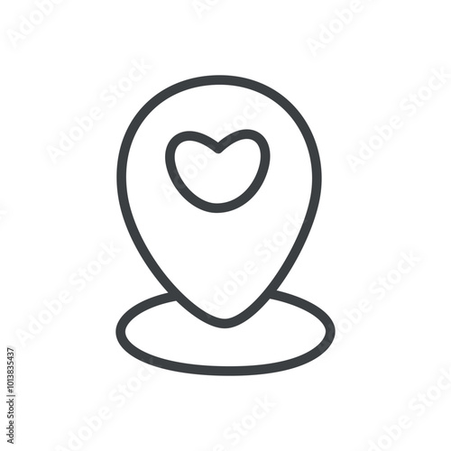 Cute location marker icon. Hand drawn monochrome illustration of a navigation mark with a heart isolated on a white background. Vector 10 EPS.