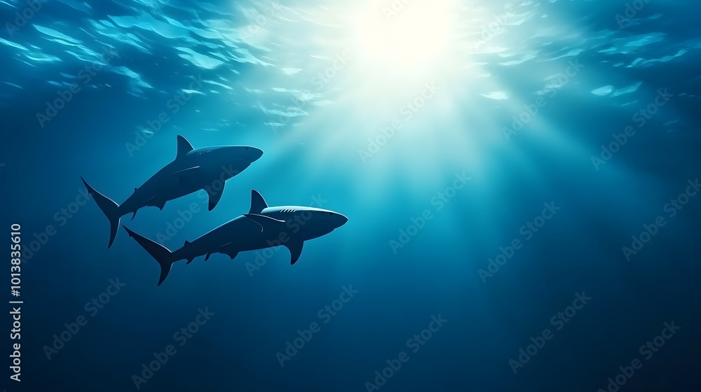 Enchanting Shark Silhouettes Beneath a Moonlit Sea - Tranquil Midnight Ocean with Rippling Water and Soft Light Glowing Through the Quiet Depths Enchanting Shark Silhouettes Beneath a Moonlit Sea - Tranquil Midnight Ocean with Rippling Water and Soft Light Glowing Through the Quiet Depths