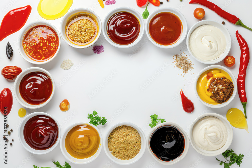 A selection of different sauces like mayo, soy, and barbecue, highlighting the variety of dips for snacks or meals on a white background A selection of different sauces like mayo, soy, and barbecue, highlighting the variety of dips for snacks or meals on a white background