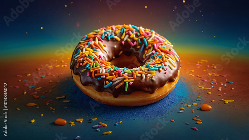 Glazed Donut With Colorful Sprinkles Under Vibrant Lighting