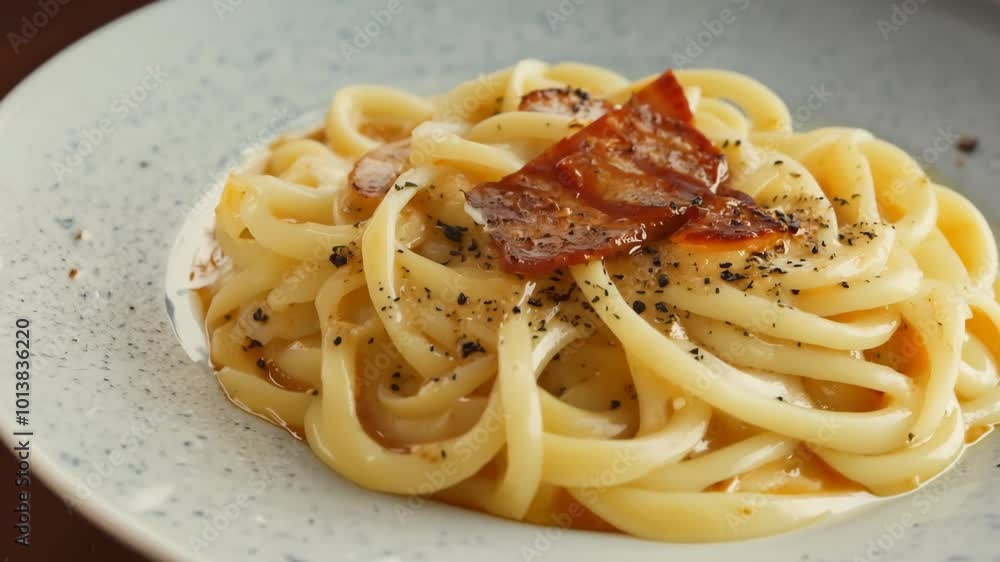 The camera zooms in on a rich, creamy plate of pasta carbonara, focusing on the crispy bacon pieces and the smooth sauce, captured with cinematic lighting
. The camera zooms in on a rich, creamy plate of pasta carbonara, focusing on the crispy bacon pieces and the smooth sauce, captured with cinematic lighting
.