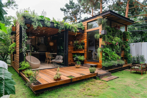 Wallpaper Mural A tiny home's backyard featuring space-saving vertical gardens, container plants, and a small seating area Torontodigital.ca