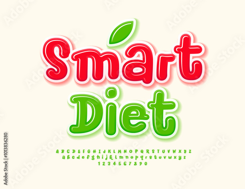 Vector healthy concept Smart Diet. Glossy Green Font. Bright Funny Alphabet Letters and Numbers. 