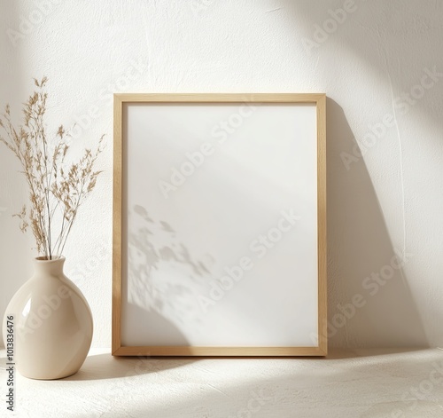 A light wood frame set against a white wall, with subtle sunlight, complements a vase containing dried grass for a serene feel.